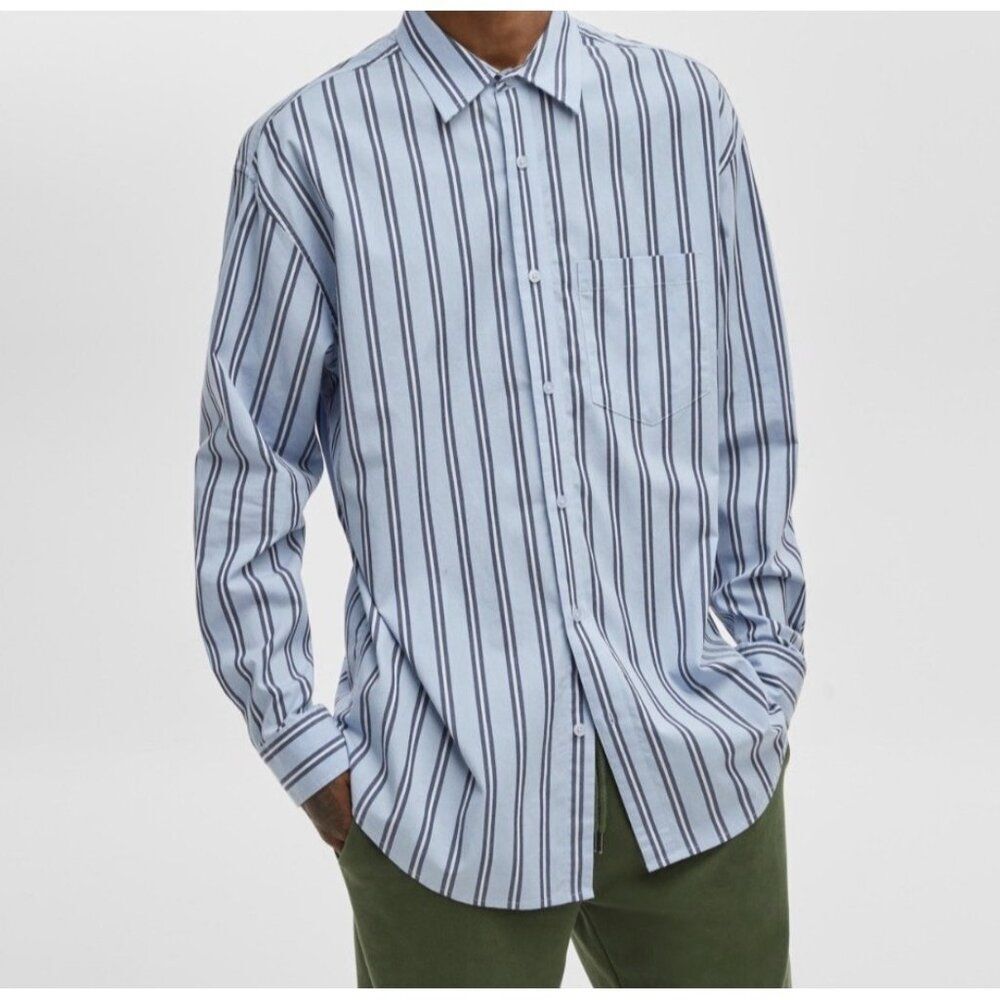 NWT Mode of One Relaxed-Fit Yarn-Dye Blue Striped Long Sleeve Shirt Men's L